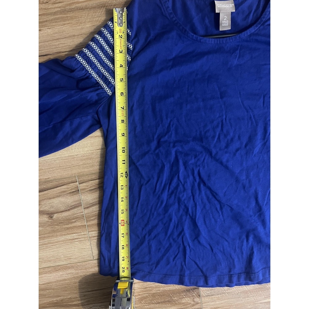 Chicos Shirt Wm LG Blue 3/4 Sleeve Smocked Shoulder Cotton Modal Top Boho Casual - Picture 6 of 10